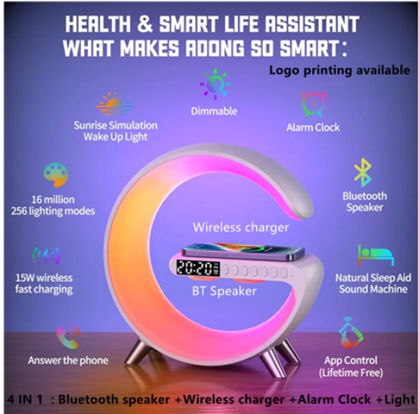 Cargador Inalambrico 4 en 1, con Parlante BT, Lampara y Reloj, 24x23x8 cm