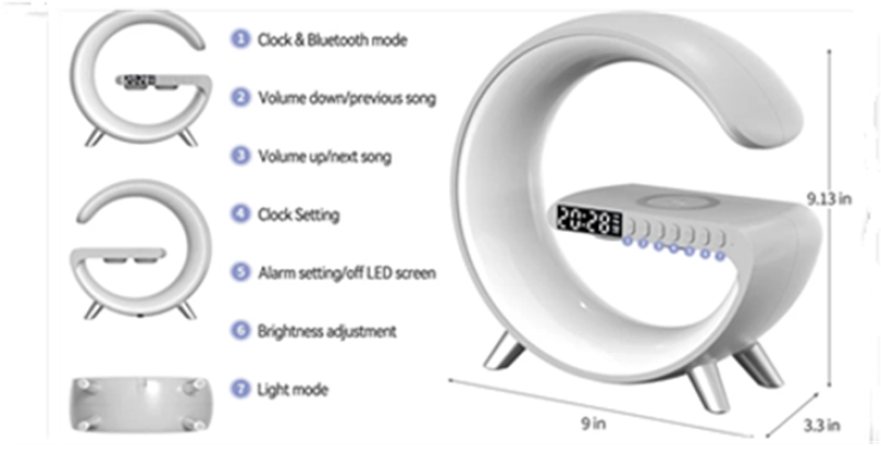 Cargador Inalambrico 4 en 1, con Parlante BT, Lampara y Reloj, 24x23x8 cm