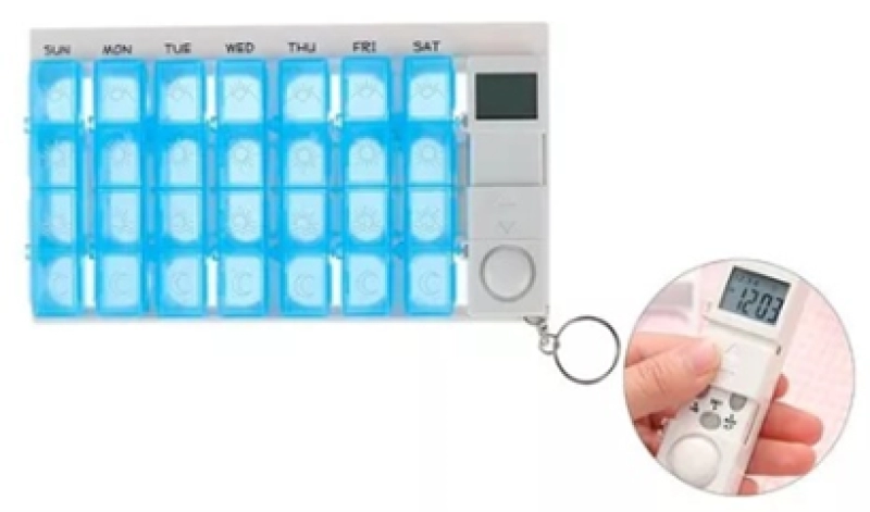 Dispensador de Pastillas con Timer, en PP,  tamaño 11.5 x 20 cmts,