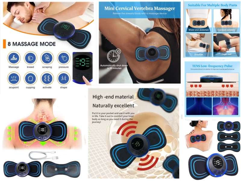 Masajeador Cervical,  en ABS + PP, con  8 modalidades, recargable con USB
