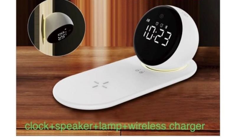 4 en 1, Cargador Inalambrico + Reloj + Lampara + Parlante BT