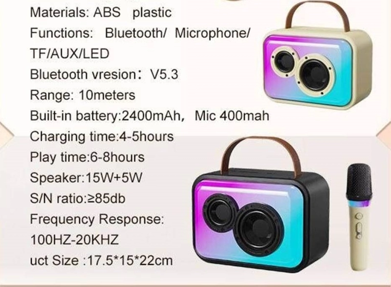 Parlante Inalambrico con Microfono, en ABS, 17.5 x 15 x 22 cmts