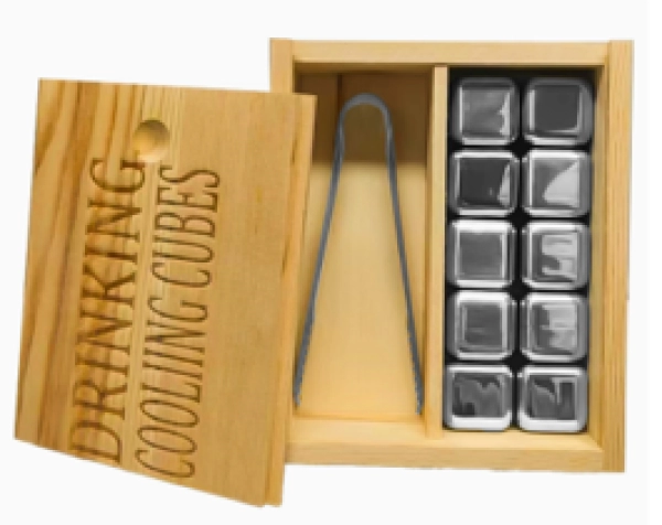 Set de Bar en Bambu, 10 Cubos metalicos y pinza, 10 x 7.8 x 3 cmts