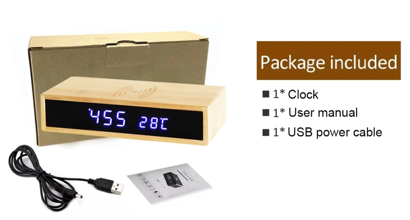 Cargador Inalambrico en Madera, con Reloj Despertador, 160 x 75 x 35 mm