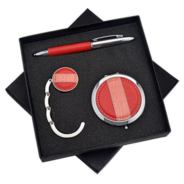 Set de Regalo en Caja con Clip Porta Carteras, Espejo Redondo  y Boligrafo