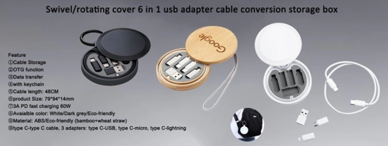 Set 6 en 1 de adaptadores y conectores para celular,  en bambu, de 8 x 8 x 1.6 cmts