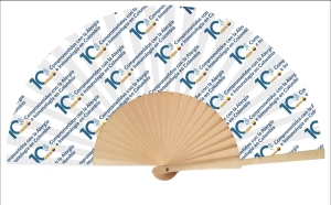 Ventilador o Abanico Manual, manija madera con poliester algodon,  23 x 3.5 cmts