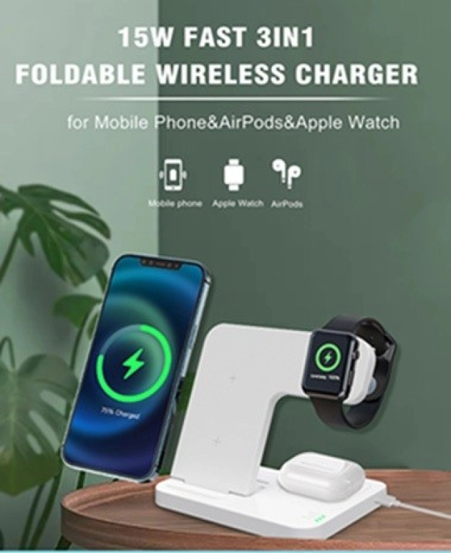 Cargador Inalámbrico de 15W Plegable, 3 en 1, Stand y Cargador Doble