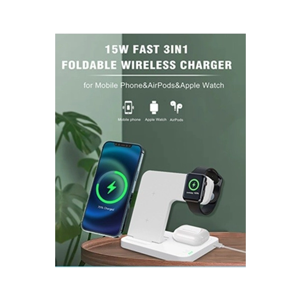 Cargador Inalámbrico de 15W Plegable, 3 en 1, Stand y Cargador Doble