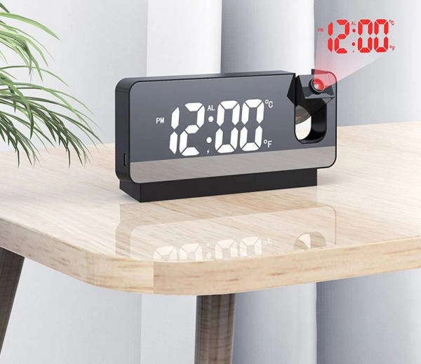 Reloj Alarma, Espejo, Termostato y Proyección LED de la hora, 19x4x9 cmts
