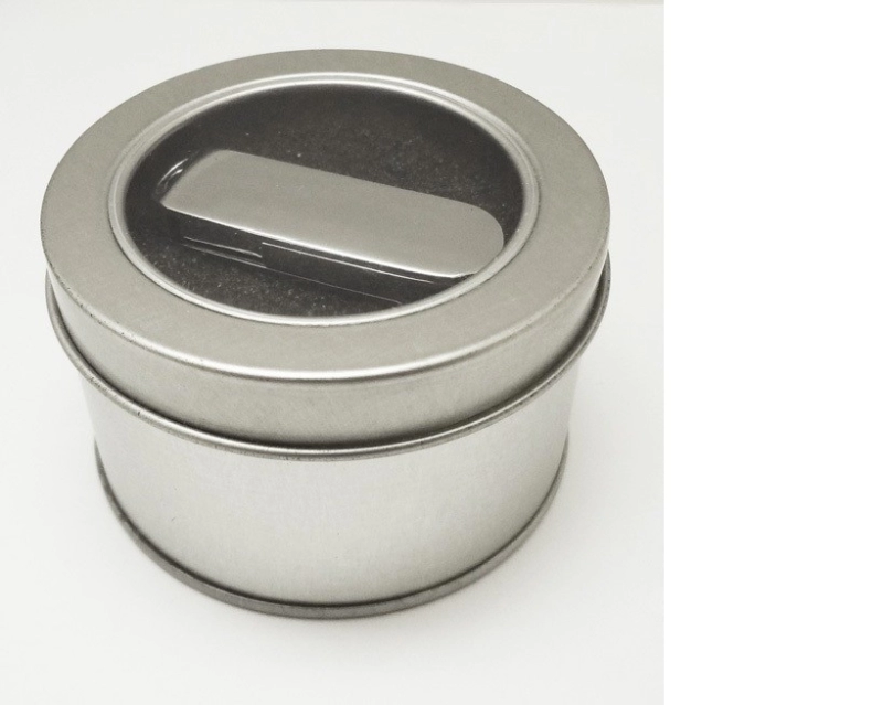 Caja Redonda Mediana de Aluminio con Ventana para empaque de USB
