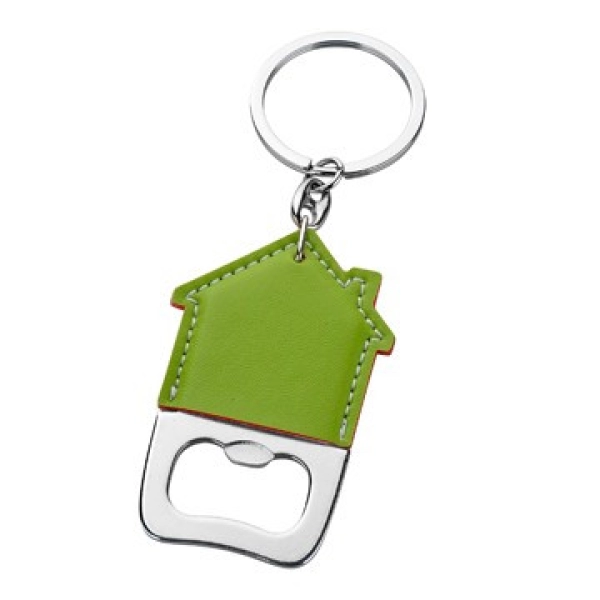 Llavero Metalico en forma de Casa con Destapador forrado en imitacion cuero