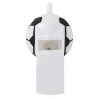 Pito plastico Collina, con cordon. Tamaño 5 x 1.8 cmts. Color blanco con diseño de futbol.