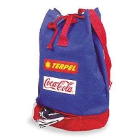 Tula Australia, bicolor, bolsillo abajo, en lona, reata agarrar y colgar, 46 x 30 cmts